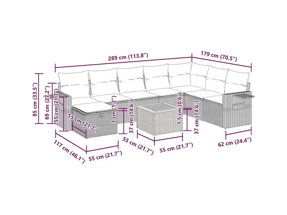 Set Divano da Giardino 9 pz con Cuscini Beige in Polyrattan