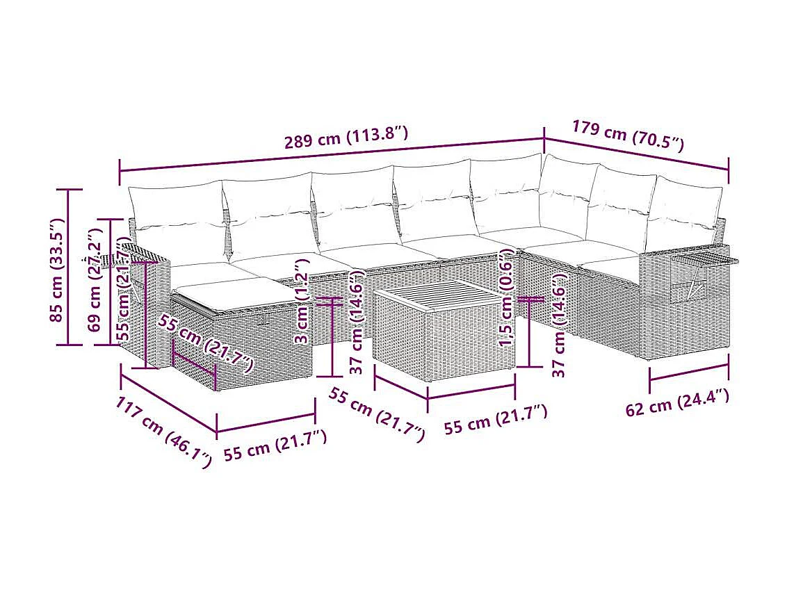 Salon de jardin avec coussins 9 pcs beige résine tressée