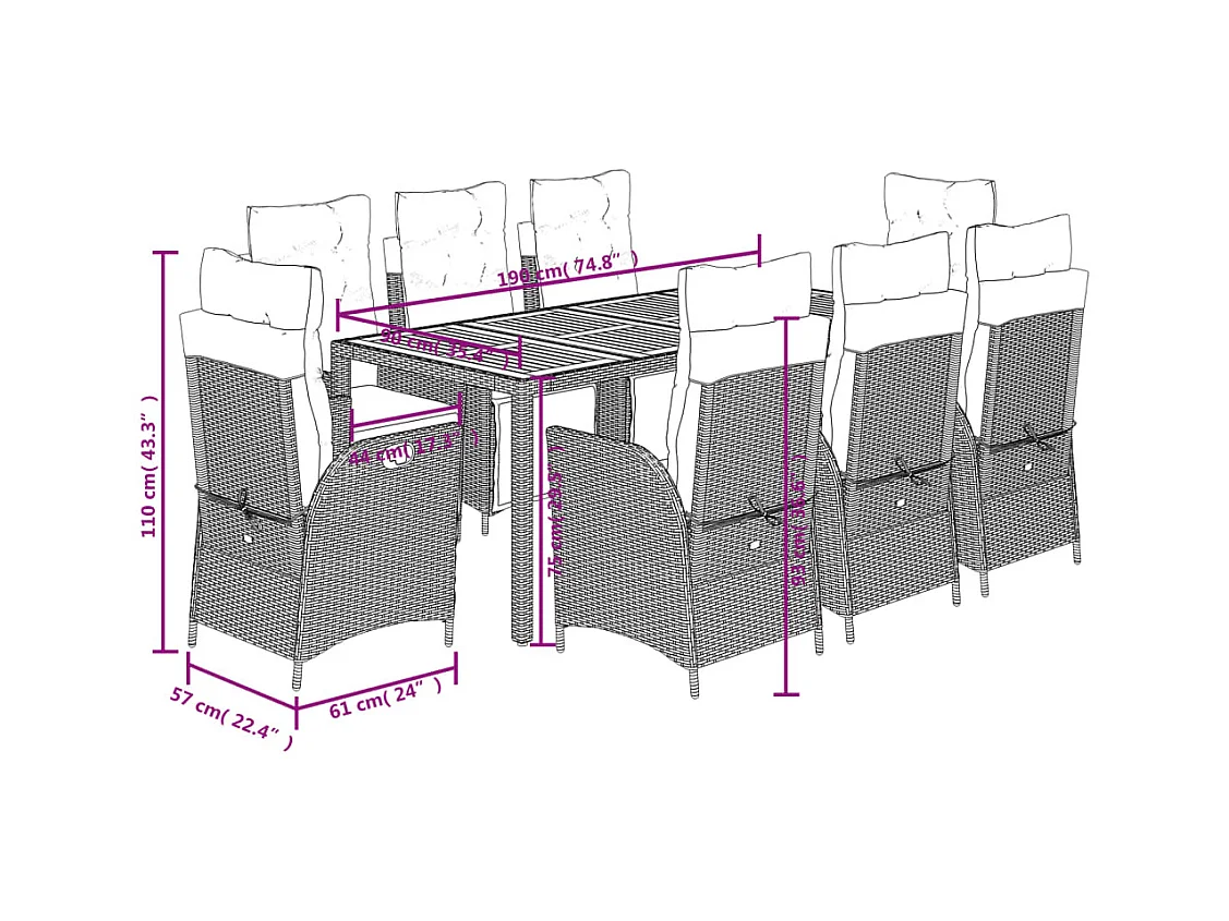 Set da Pranzo da Giardino 9 pz con Cuscini Nero in Polyrattan