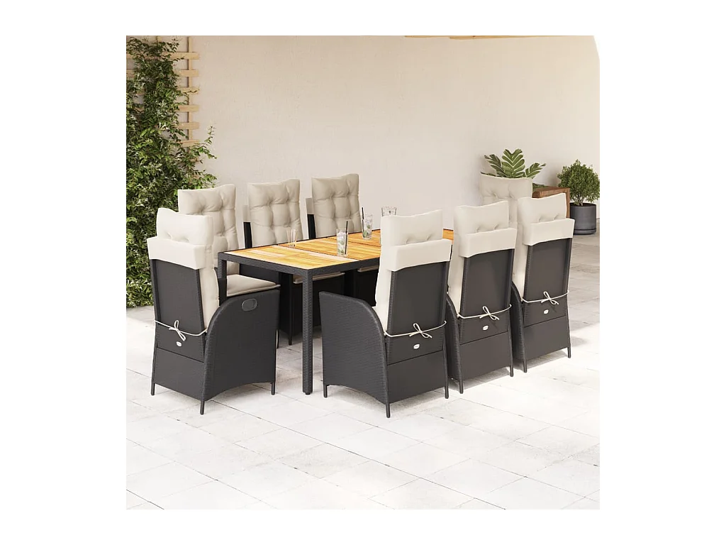 Set da Pranzo da Giardino 9 pz con Cuscini Nero in Polyrattan