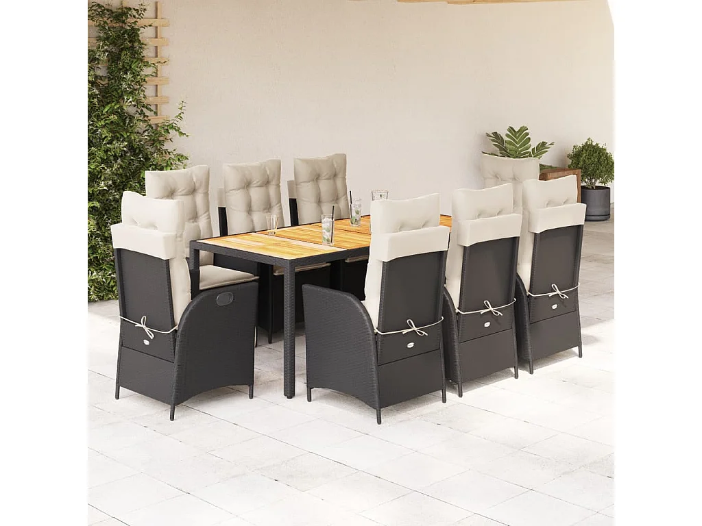 9-tlg. Garten-Essgruppe mit Kissen Schwarz Poly Rattan