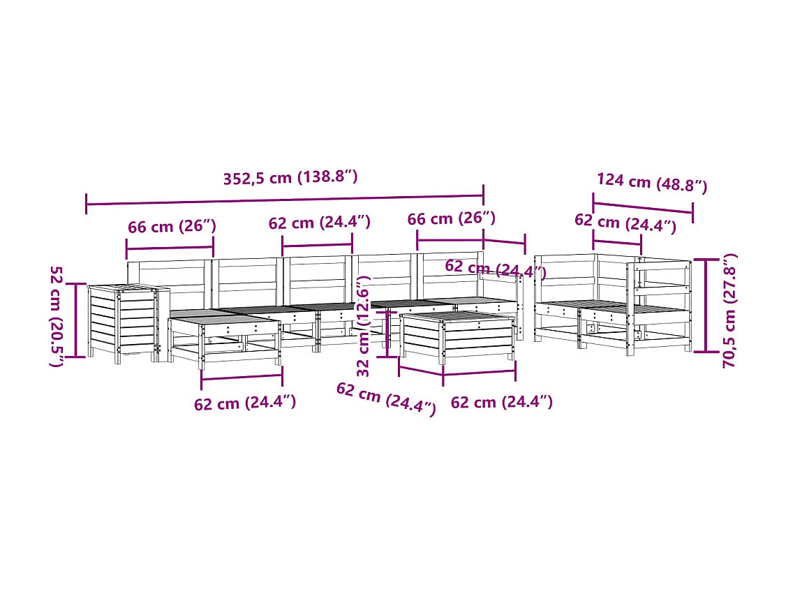 Salon de jardin 10 pcs blanc bois de pin massif