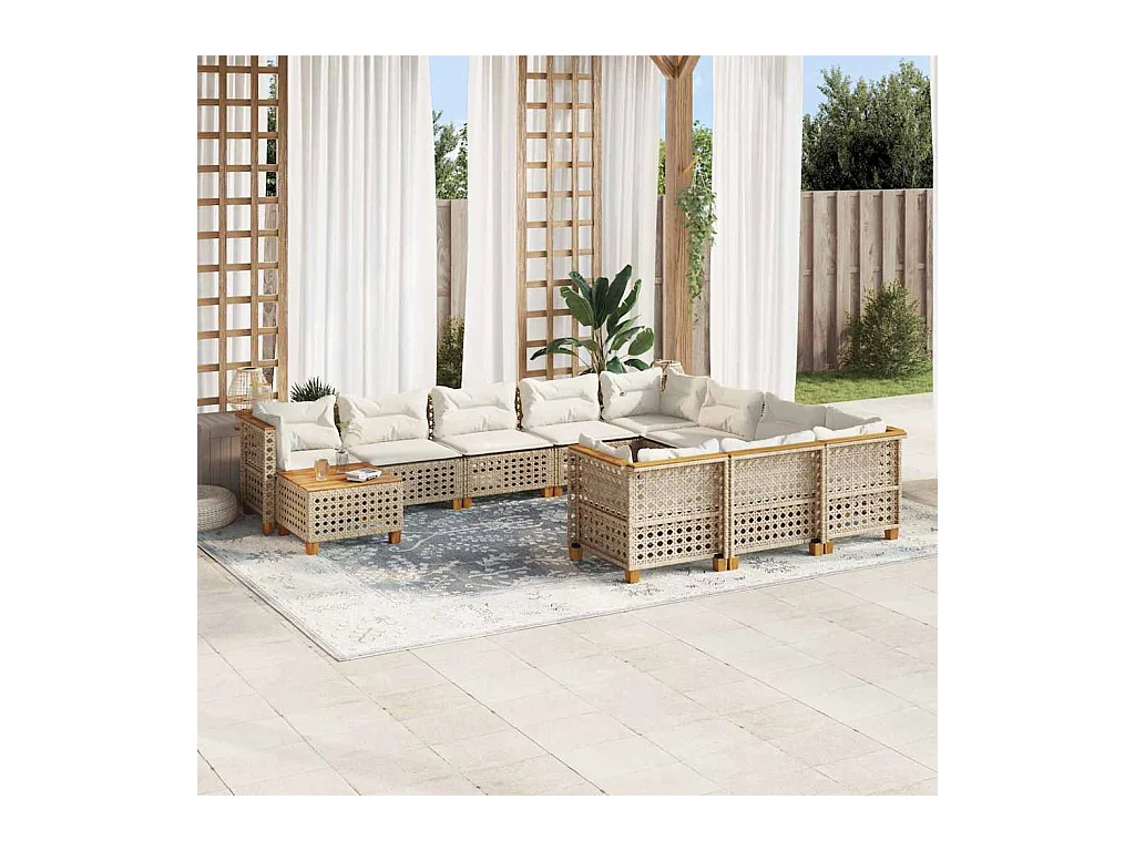 11-tlg. Garten-Sofagarnitur mit Kissen Beige Poly Rattan