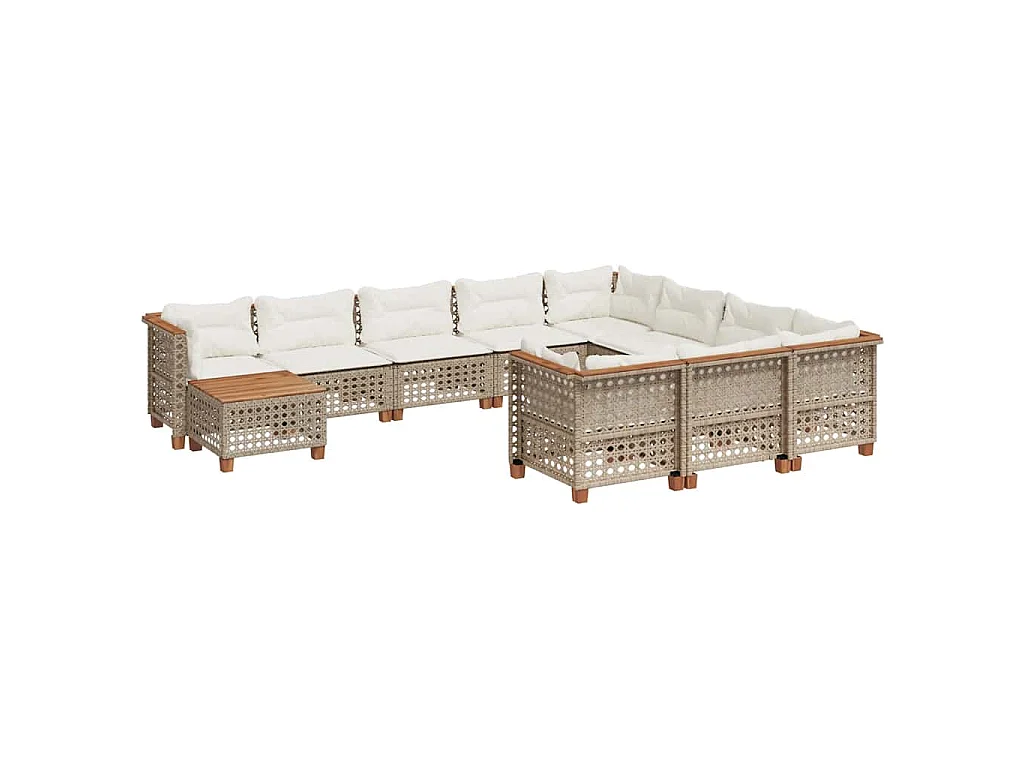 11 pcs conjunto sofás de jardim c/ almofadões vime PE bege