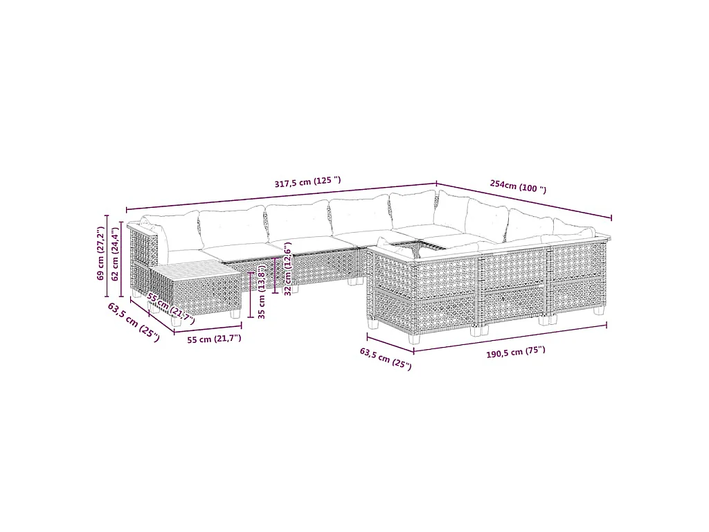11 pcs conjunto sofás de jardim c/ almofadões vime PE bege