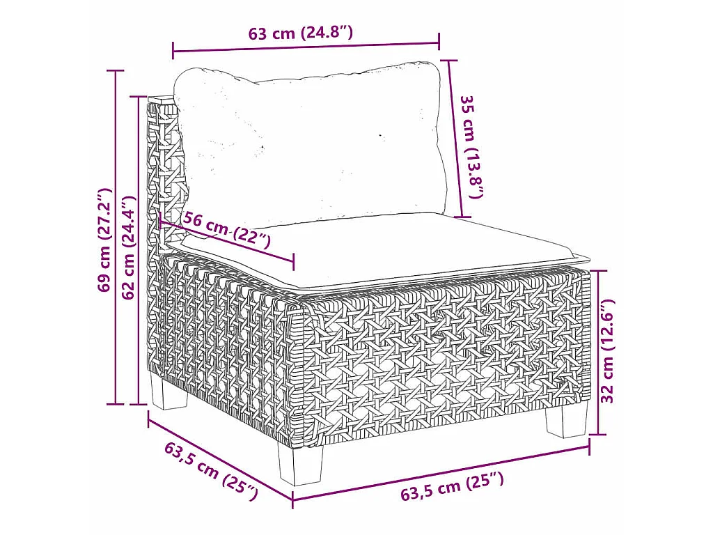 11 pcs conjunto sofás de jardim c/ almofadões vime PE bege
