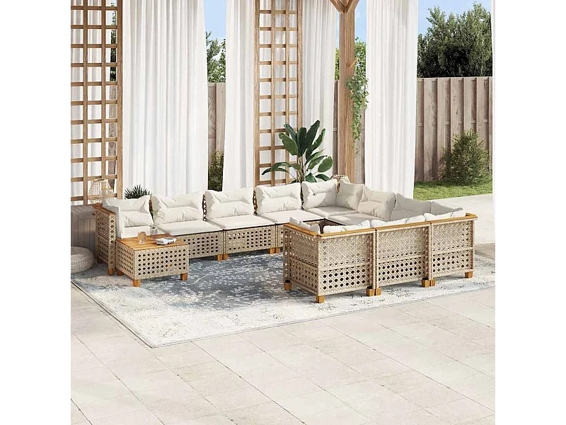 Set de sofás de jardín 11pzas con cojines ratán sintético beige