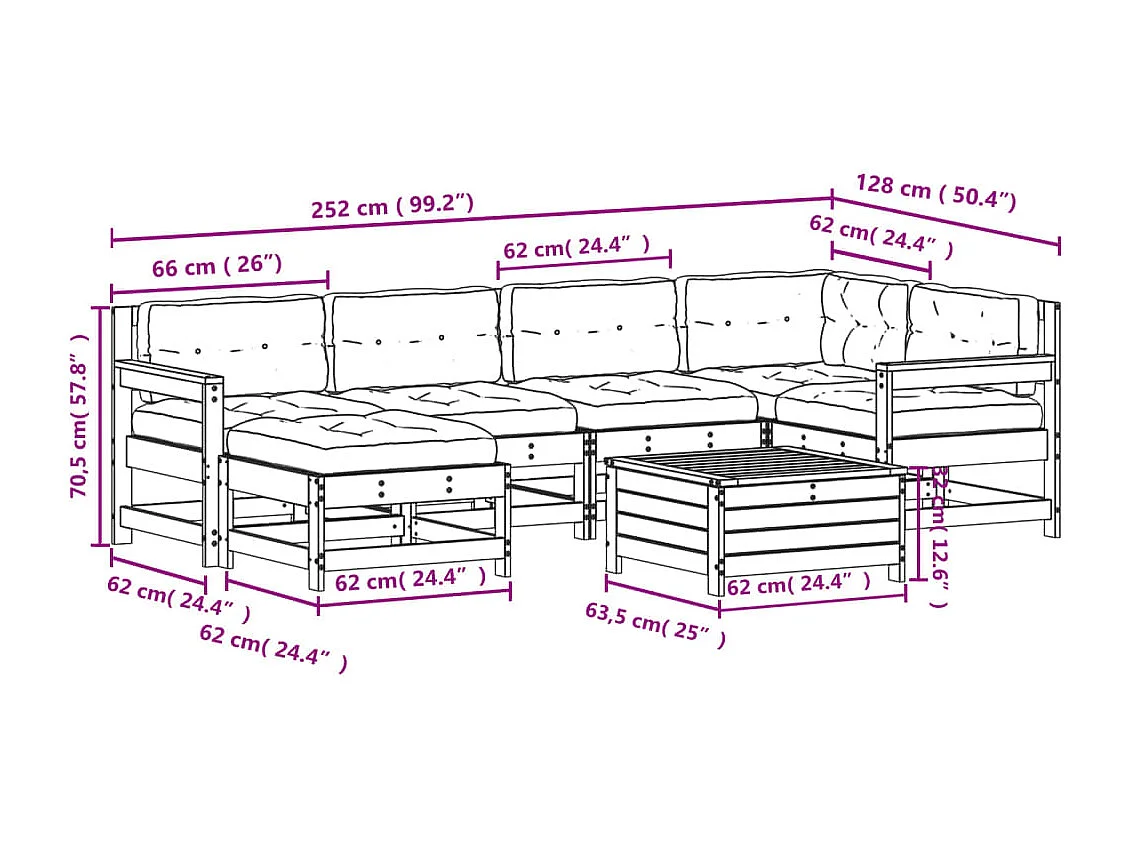 7 pcs conj. lounge jardim com almofadões madeira douglas maciça
