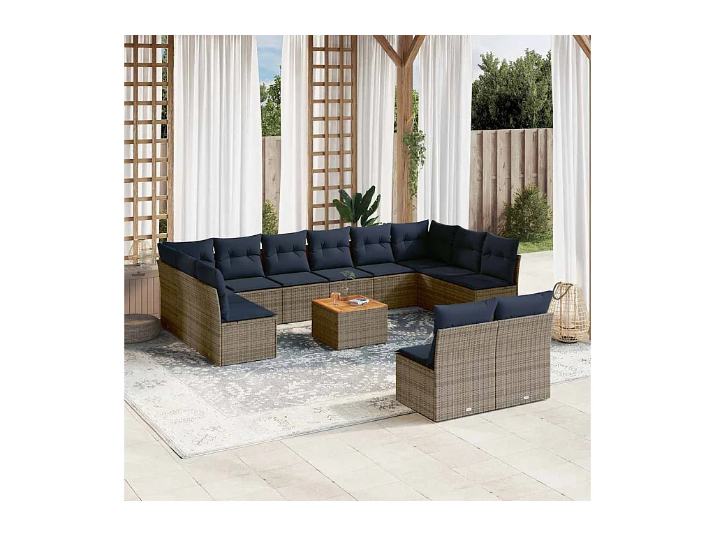 Salon de jardin avec coussins 13 pcs gris résine tressée