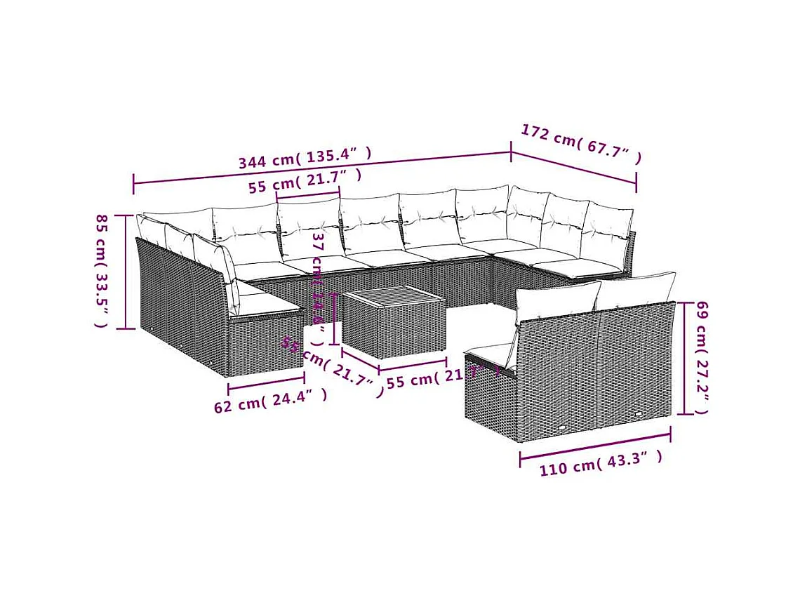 Salon de jardin avec coussins 13 pcs gris résine tressée