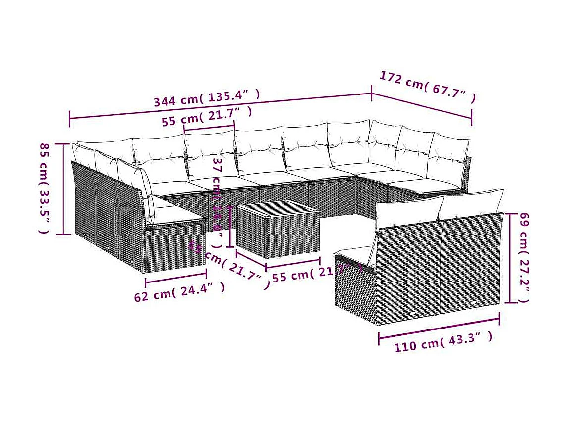 Salon de jardin avec coussins 13 pcs gris résine tressée