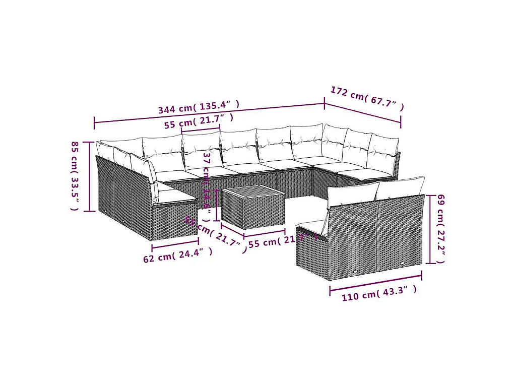Set Divani da Giardino 13 pz con Cuscini Grigio in Polyrattan