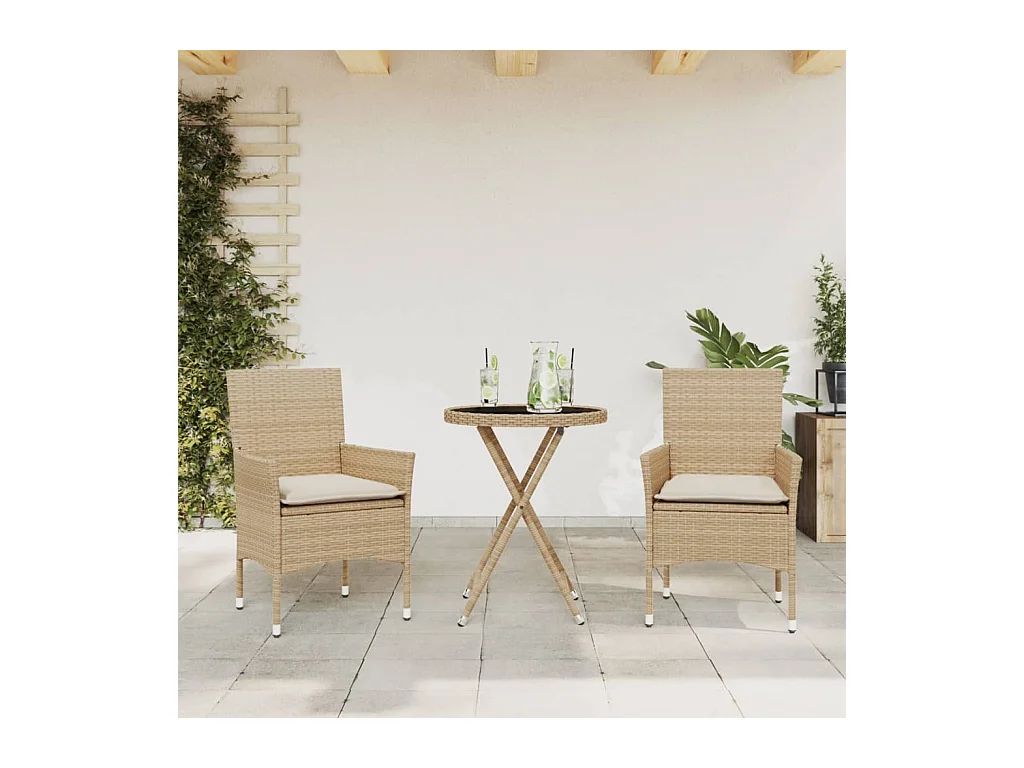Ensemble de bistro avec coussins 3 pcs beige rotin et verre