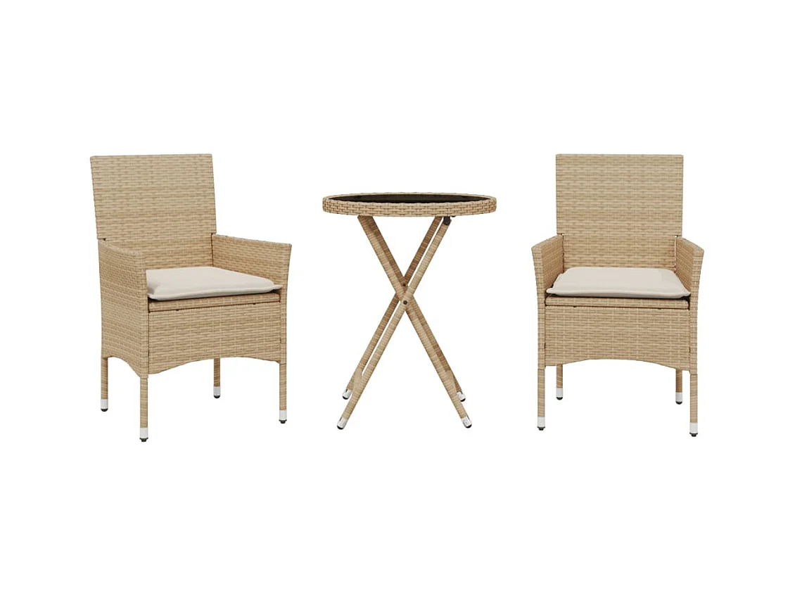 Ensemble de bistro avec coussins 3 pcs beige rotin et verre