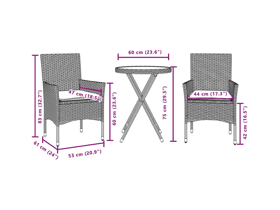 Ensemble de bistro avec coussins 3 pcs beige rotin et verre