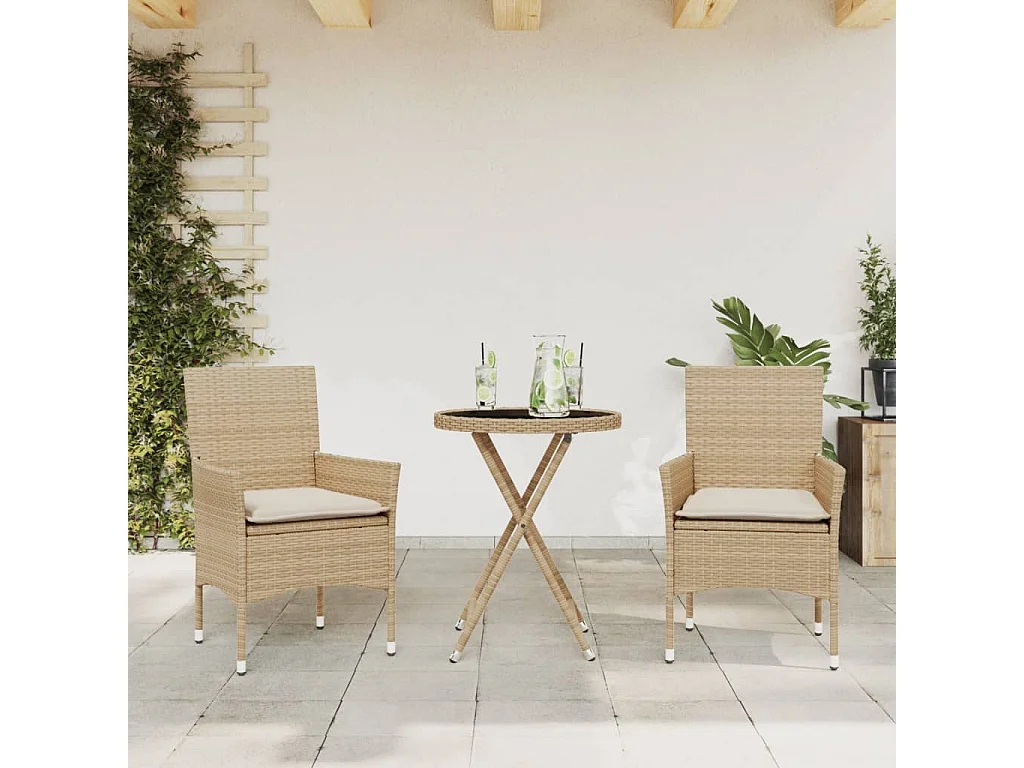 3-tlg. Bistro-Set mit Kissen Beige Poly Rattan und Glas
