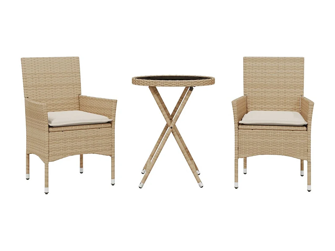 3-tlg. Bistro-Set mit Kissen Beige Poly Rattan und Glas