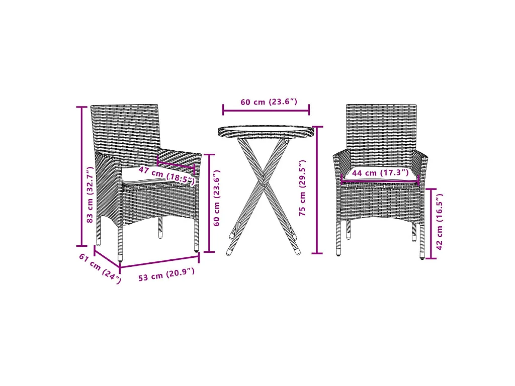 Ensemble de bistro avec coussins 3 pcs beige rotin et verre