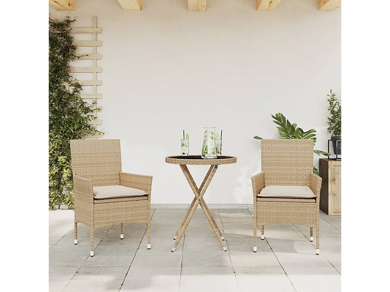 3-tlg. Bistro-Set mit Kissen Beige Poly Rattan und Glas