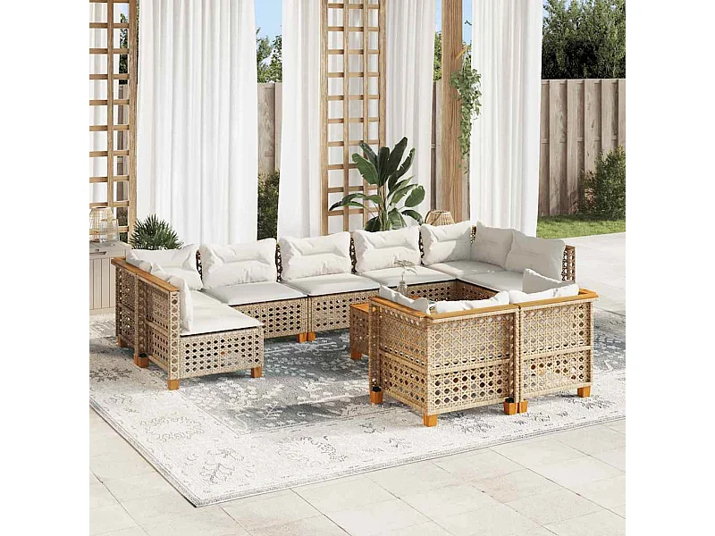 10-tlg. Garten-Sofagarnitur mit Kissen Beige Poly Rattan