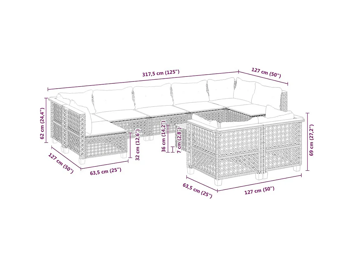 Salon de jardin avec coussins 10 pcs beige résine tressée