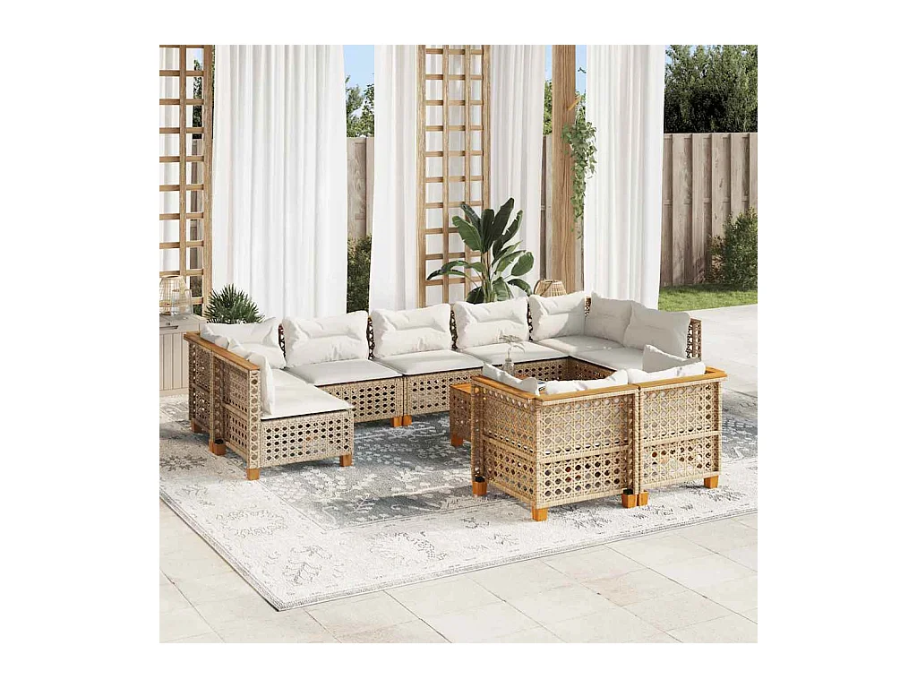 10-delige Loungeset met kussens poly rattan beige