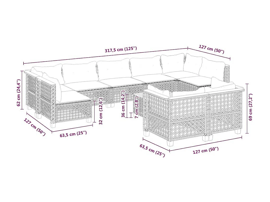 Salon de jardin avec coussins 10 pcs beige résine tressée