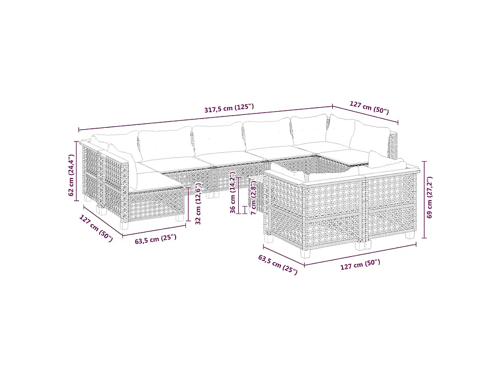 10-delige Loungeset met kussens poly rattan beige