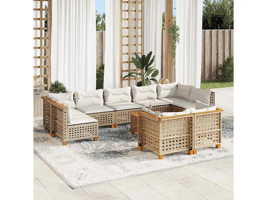 10-delige Loungeset met kussens poly rattan beige