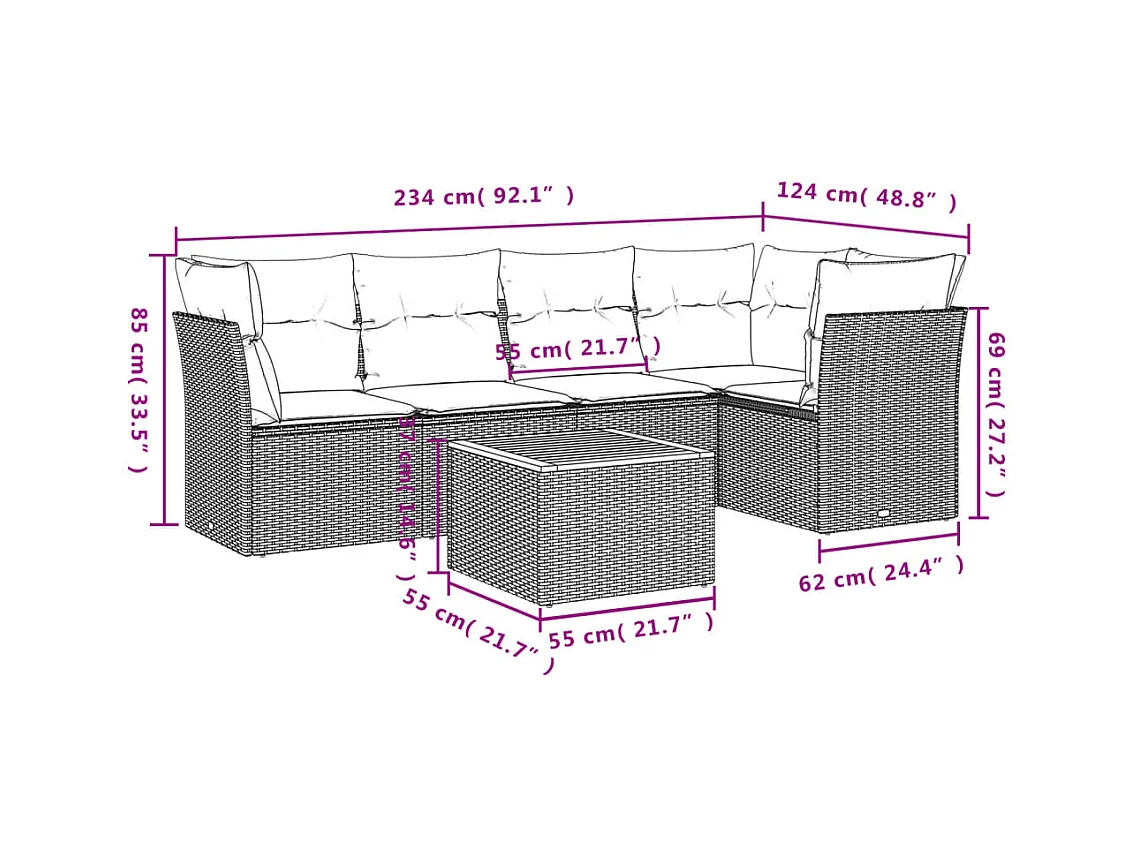 6-tlg. Garten-Sofagarnitur mit Kissen Grau Poly Rattan