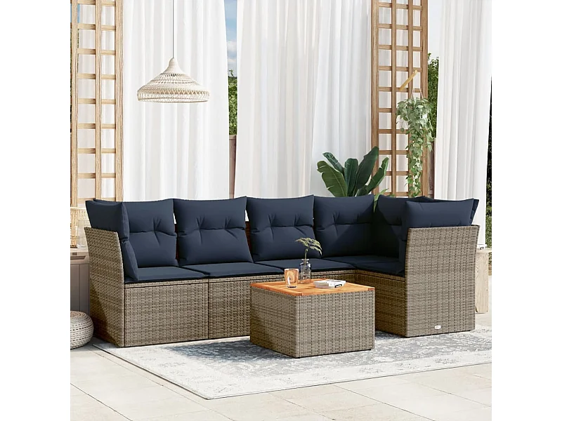 Salon de jardin 6 pcs avec coussins gris résine tressée