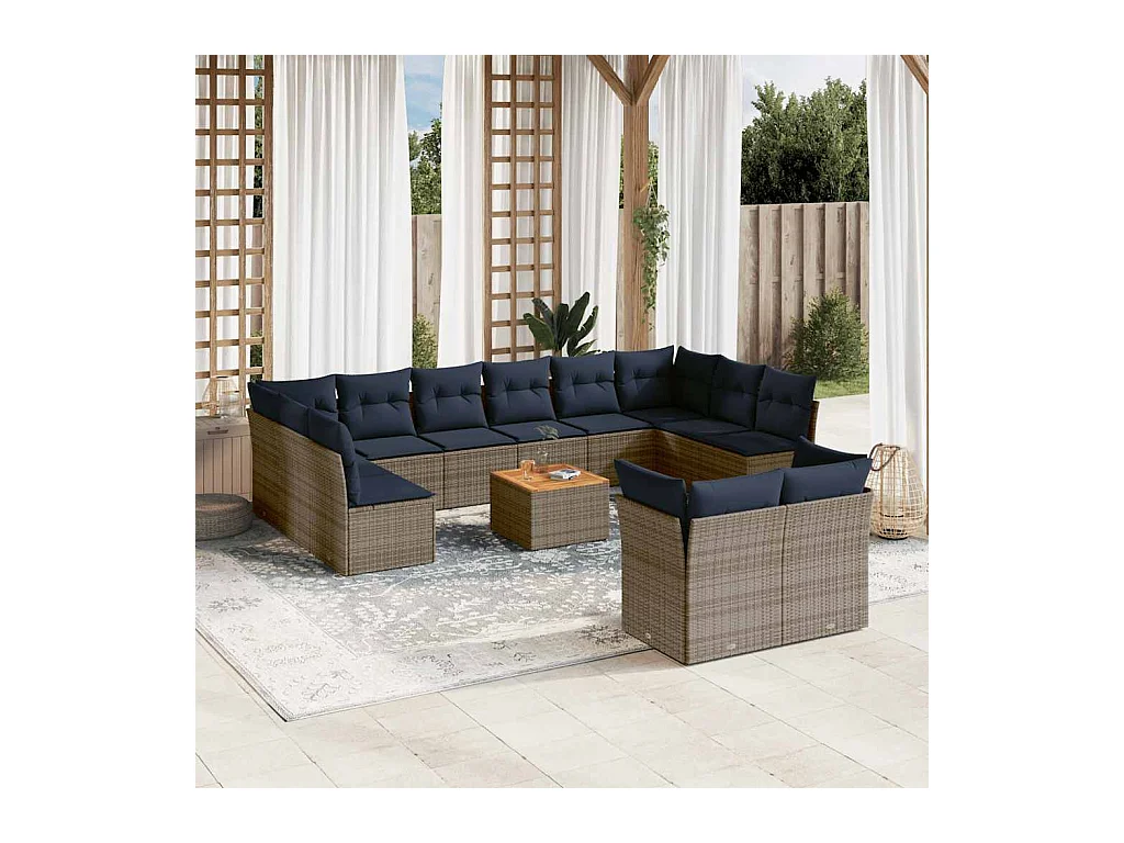 Salon de jardin avec coussins 13 pcs gris résine tressée