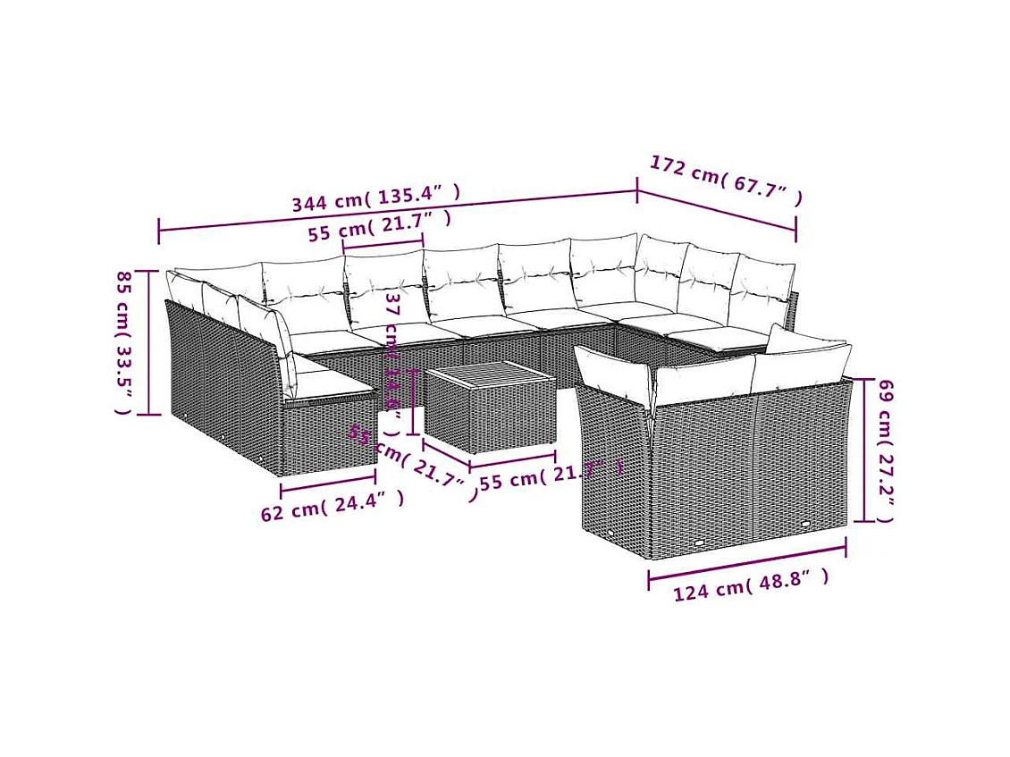 Salon de jardin avec coussins 13 pcs gris résine tressée