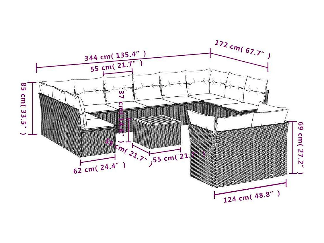 Salon de jardin avec coussins 13 pcs gris résine tressée
