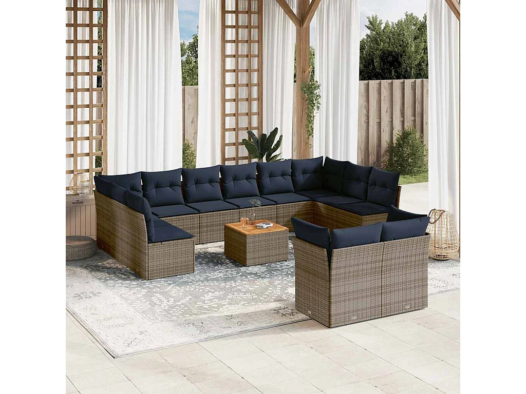 Salon de jardin avec coussins 13 pcs gris résine tressée