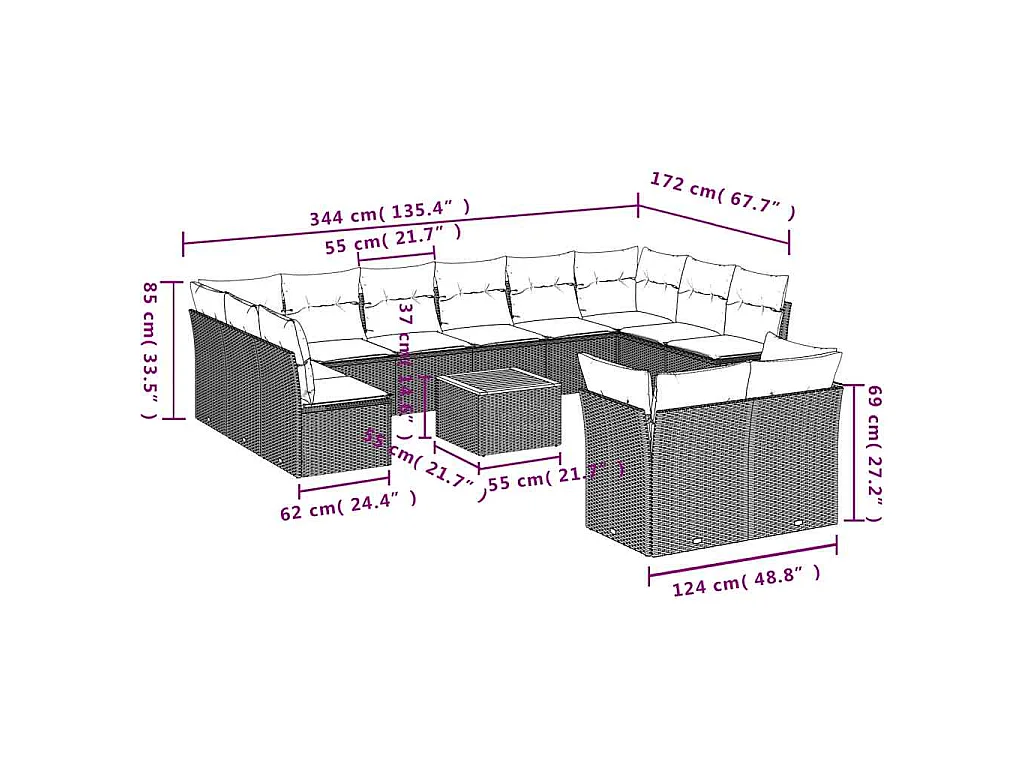 13-delige Loungeset met kussens poly rattan grijs