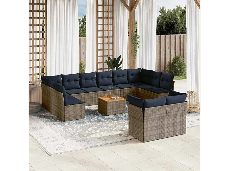 Salon de jardin avec coussins 13 pcs gris résine tressée