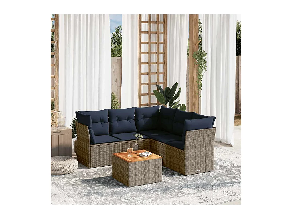 Salon de jardin 6 pcs avec coussins gris résine tressée