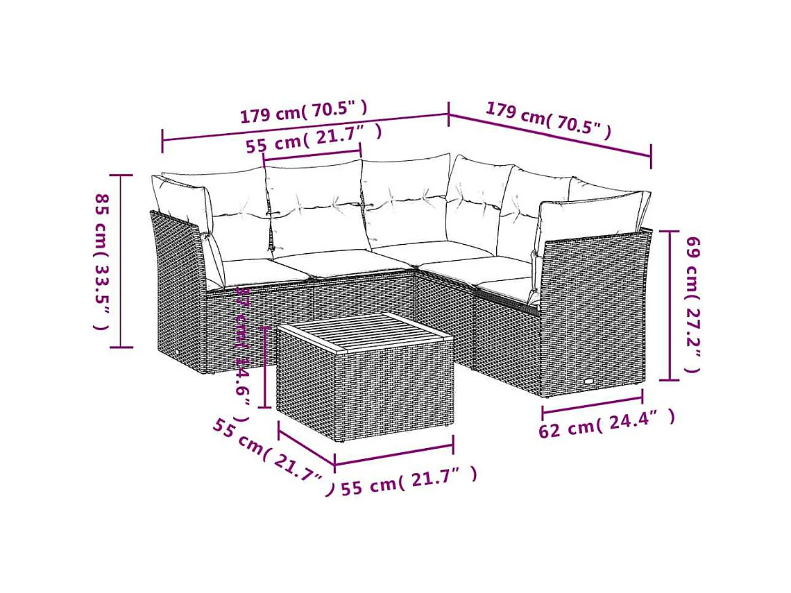 Salon de jardin 6 pcs avec coussins gris résine tressée