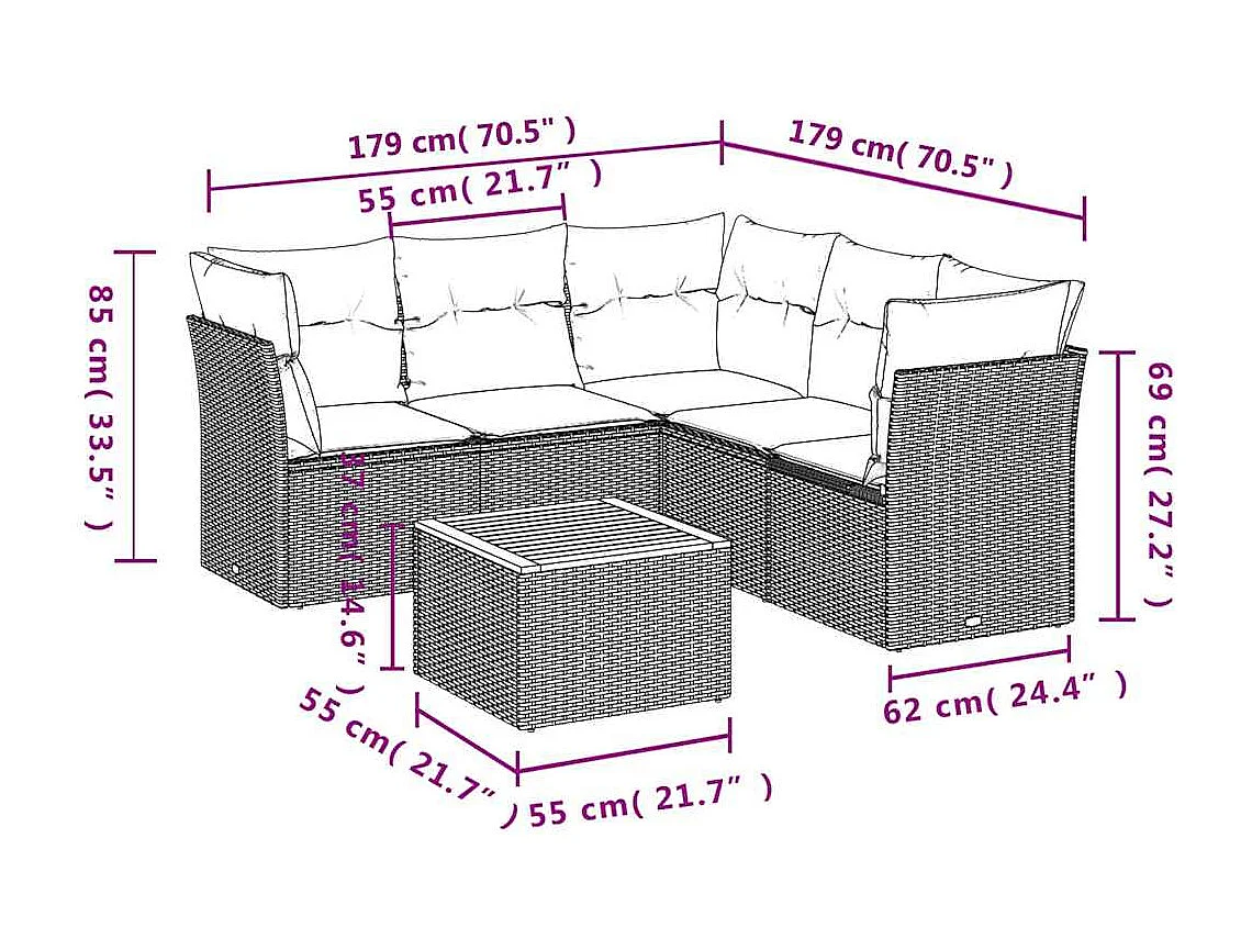 Salon de jardin 6 pcs avec coussins gris résine tressée