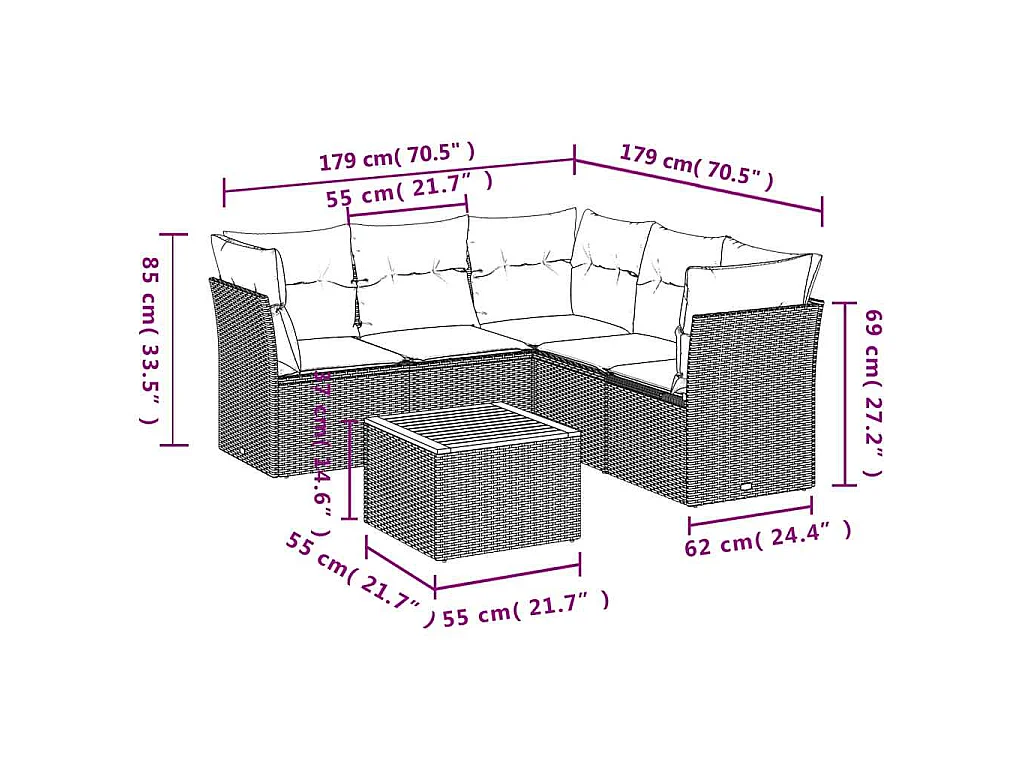 Set de sofás de jardín 6 pzas con cojines ratán sintético gris