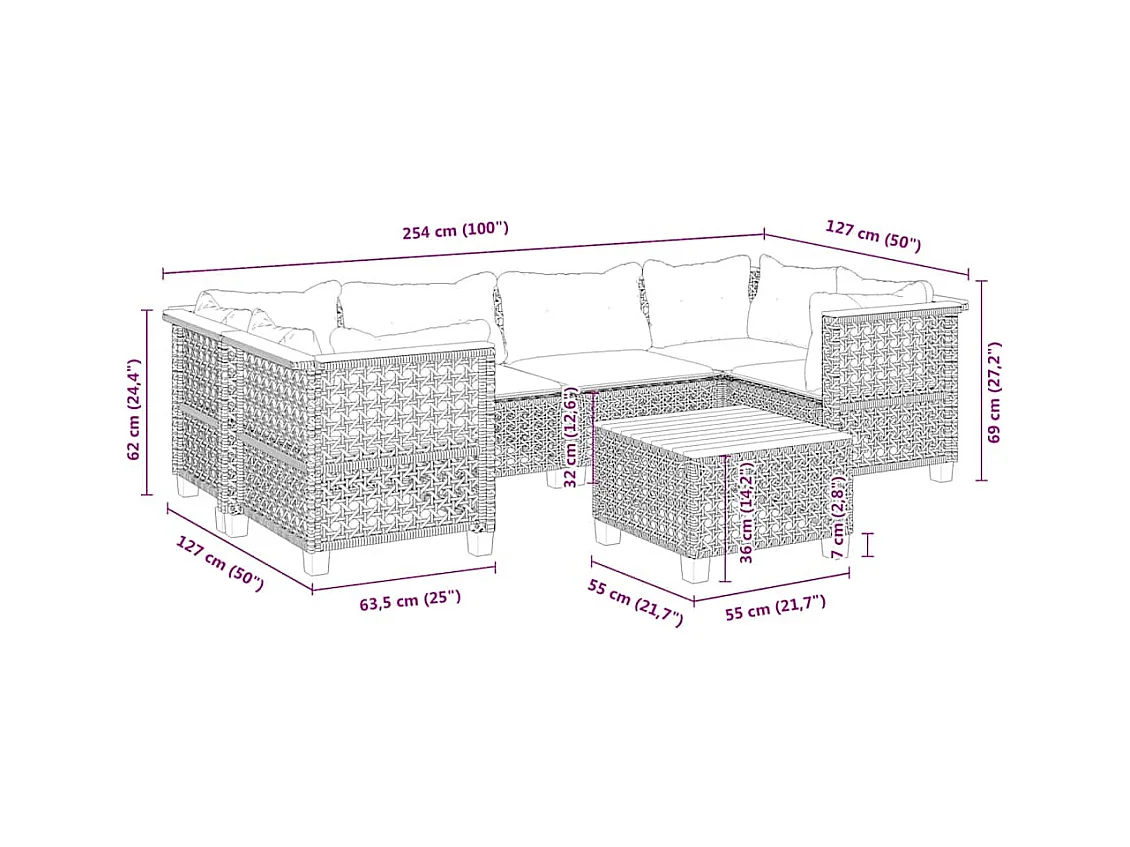 7-delige Loungeset met kussens poly rattan beige