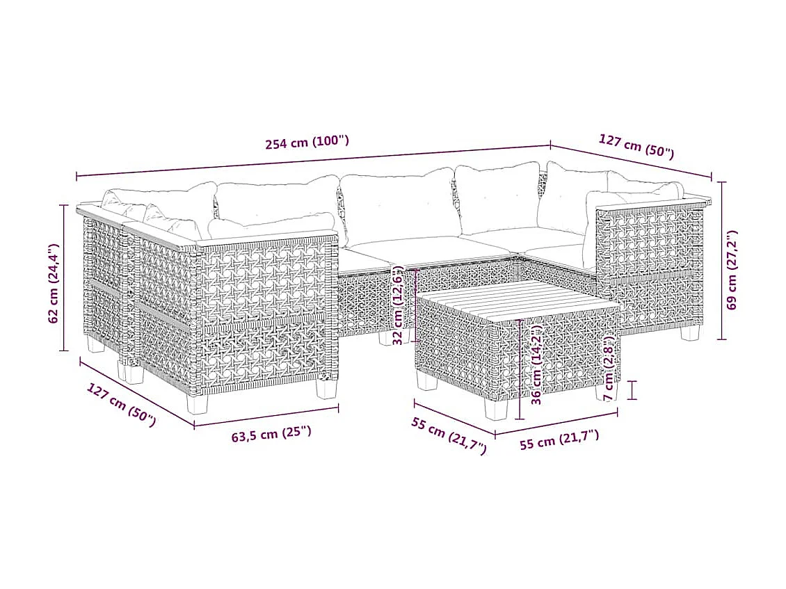 7-delige Loungeset met kussens poly rattan beige