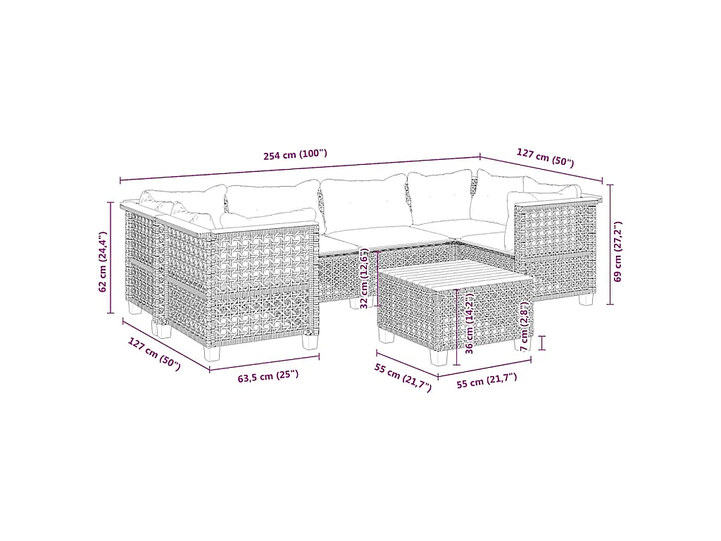 7-delige Loungeset met kussens poly rattan beige
