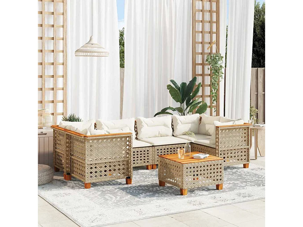 7-delige Loungeset met kussens poly rattan beige