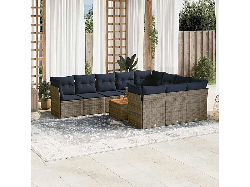 Set Divani da Giardino 11 pz con Cuscini in Polyrattan Grigio