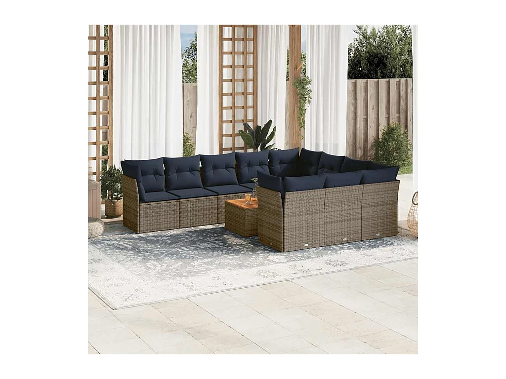Salon de jardin 11 pcs avec coussins gris résine tressée