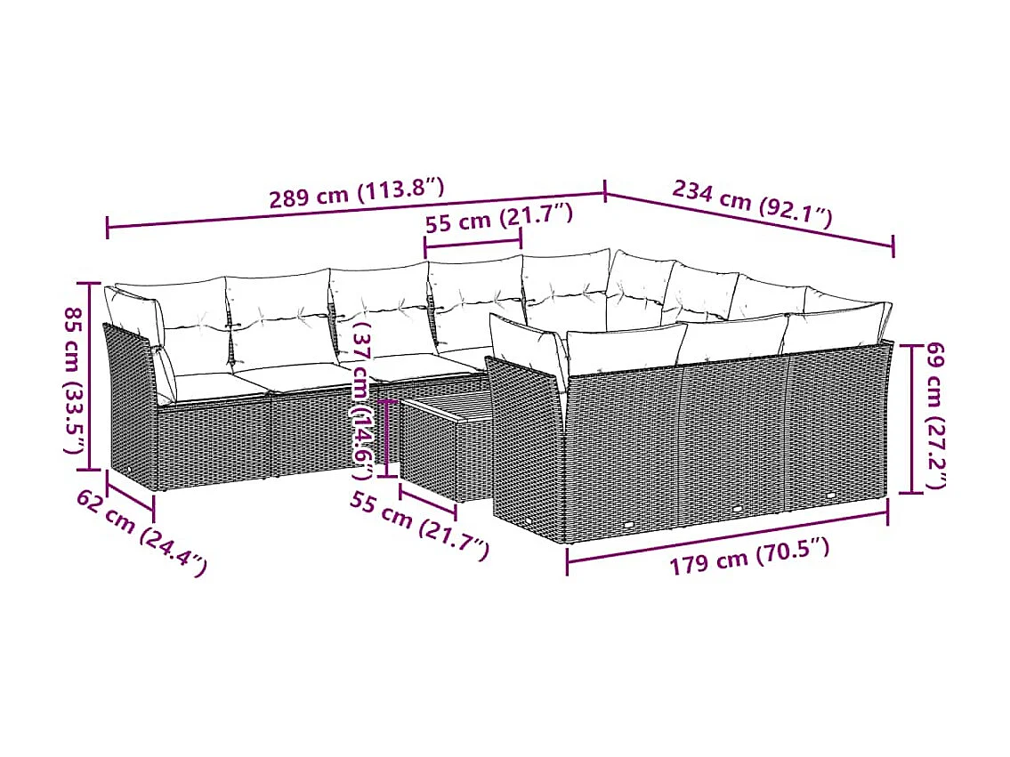 Salon de jardin 11 pcs avec coussins gris résine tressée