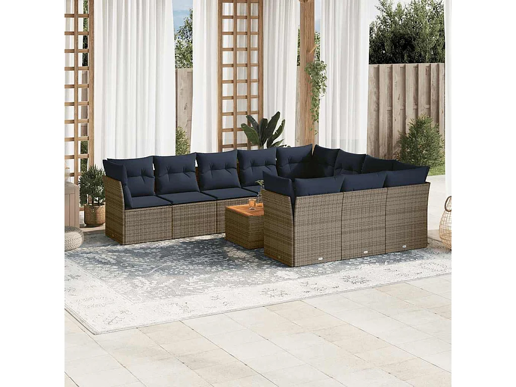 11-tlg. Garten-Sofagarnitur mit Kissen Grau Poly Rattan