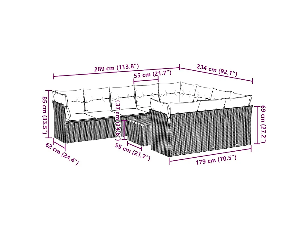 11-tlg. Garten-Sofagarnitur mit Kissen Grau Poly Rattan